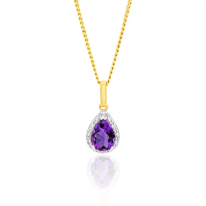 9ct Yellow Gold Amethyst And Diamond Pear Pendant