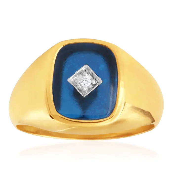 9ct Yellow Gold Created Blue Spinel & Diamond Gents Ring (No Resize)