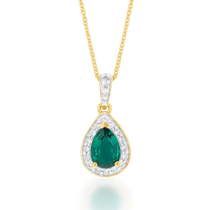 9ct Yellow Gold Created Emerald and 0.15 Carat Diamond Pear Halo Pendant on 45cm Chain