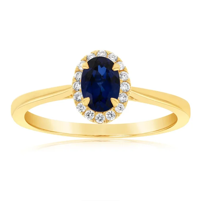 9ct Yellow Gold Created Oval Sapphire& Diamond Halo Ring