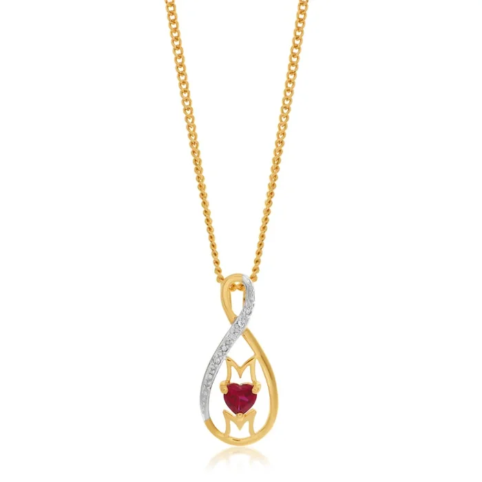 9ct Yellow Gold Created Ruby & Diamond Infinity Mum Pendant