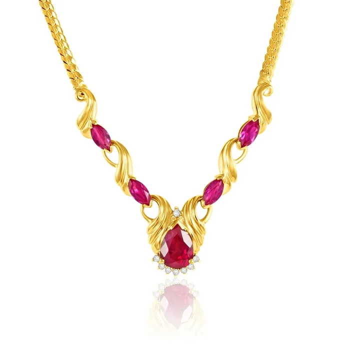 9ct Yellow Gold Created Ruby + Diamond Chain