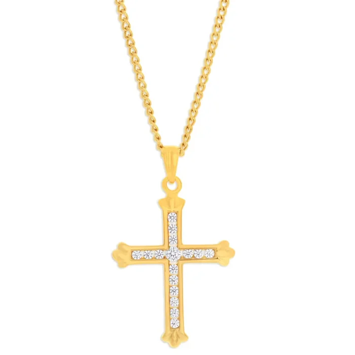 9ct Yellow Gold Cubic Zirconia 18mm Fancy Cross Pendant