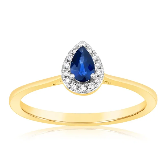 9ct Yellow Gold Diamond And Created Pear Sapphire Ring