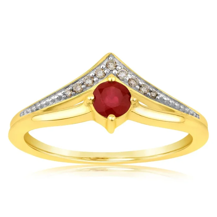 9ct Yellow Gold Diamond And Created Round Ruby Ring
