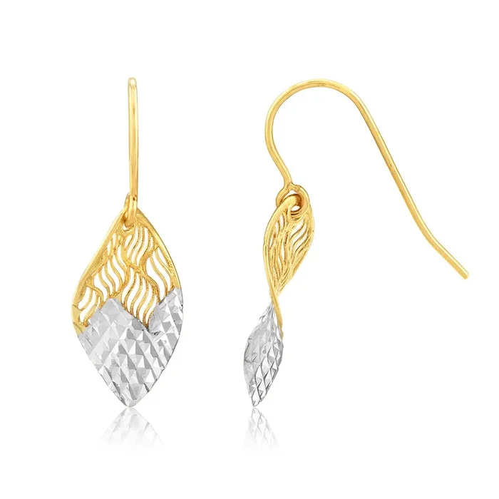 9ct Yellow Gold Diamond Cut Two tone Leaf Drop Earrings