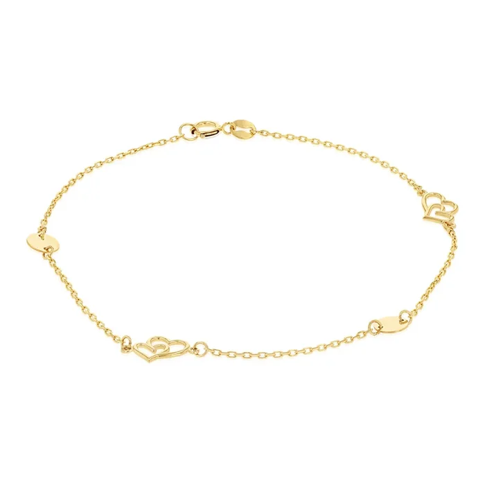 9ct Yellow Gold Double Heart Charm 19cm Bracelet