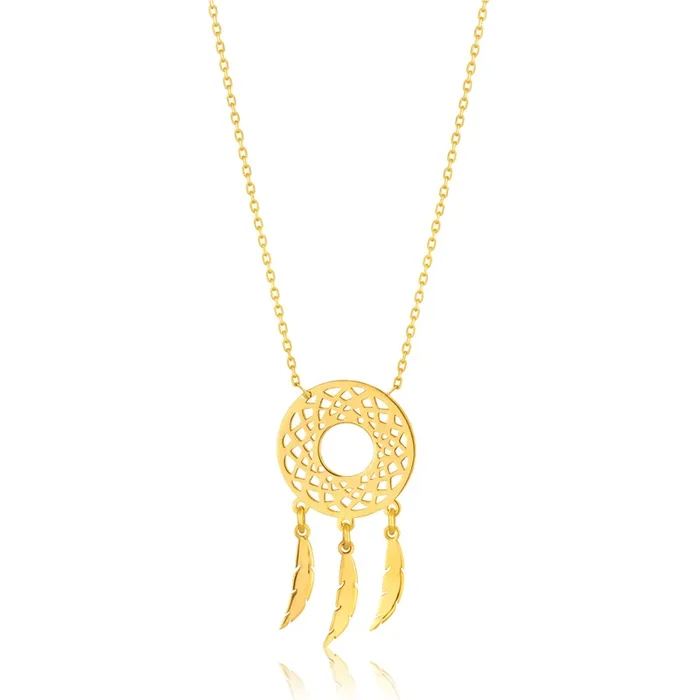 9ct Yellow Gold Dreamcatcher & Feather Pendant With 45cm chain