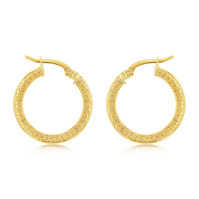 9ct Yellow Gold Greek Key 15mm Hoop Earrings