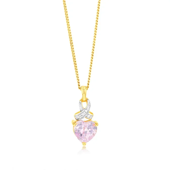 9ct Yellow Gold Heart Shaped Created Sapphire & Diamond Pendant