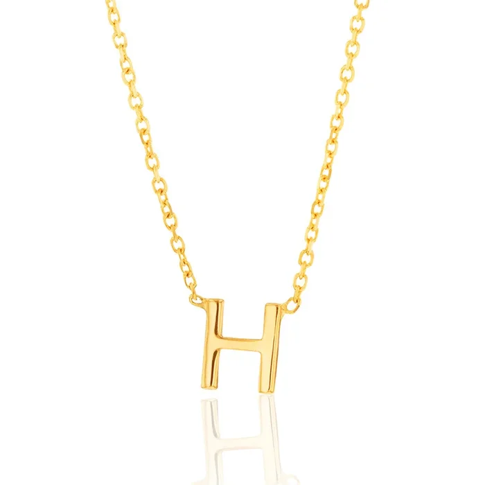 9ct Yellow Gold Initial “H” Pendant On 43cm Chain