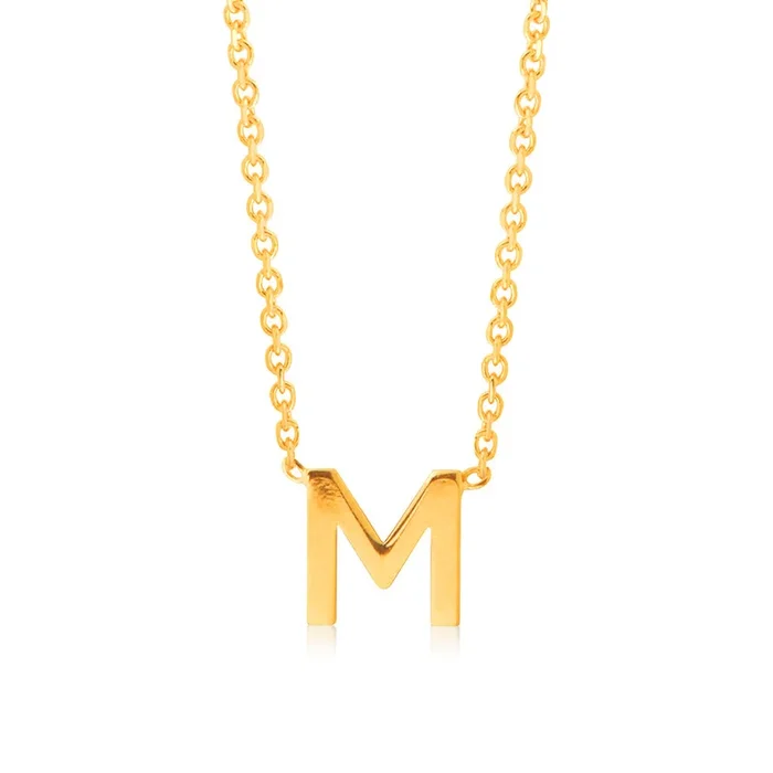 9ct Yellow Gold Initial “M” Pendant on 43cm Chain