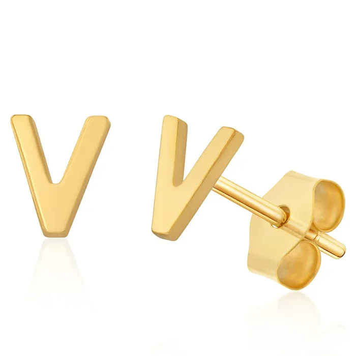 9ct Yellow Gold Mini Initial “V” Stud Earrings