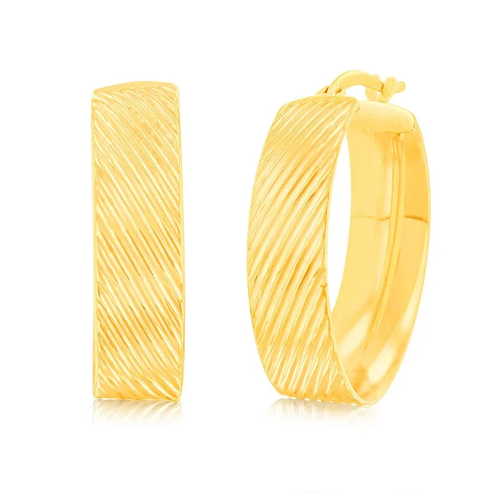 9ct Yellow Gold Oval Textured Broad hoop Earrings