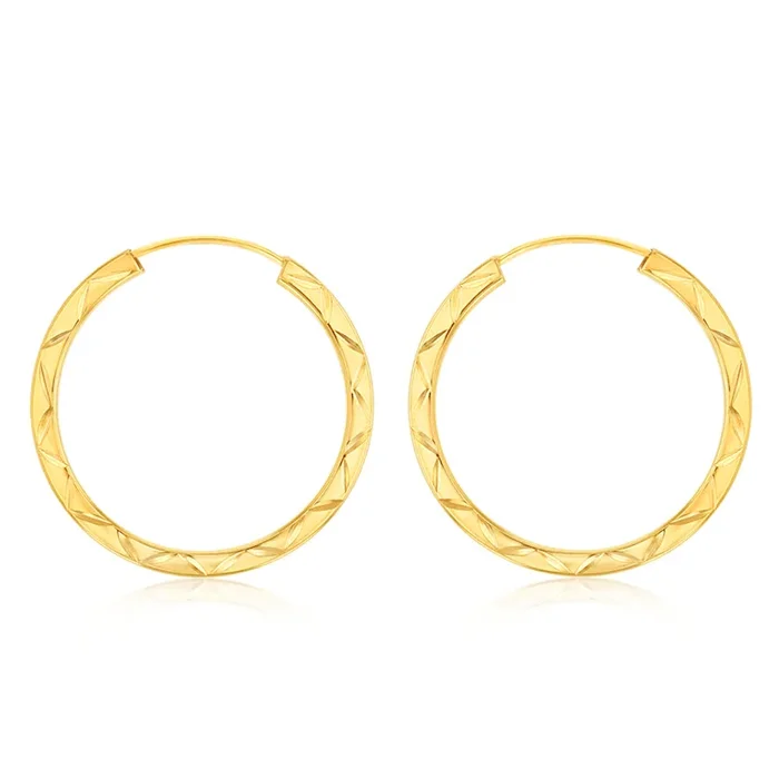 9ct Yellow Gold Patterned 18mm Sleeper Earrings