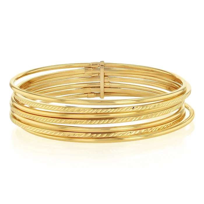 9ct Yellow Gold Plain And Textured Set of 65mm Bangles