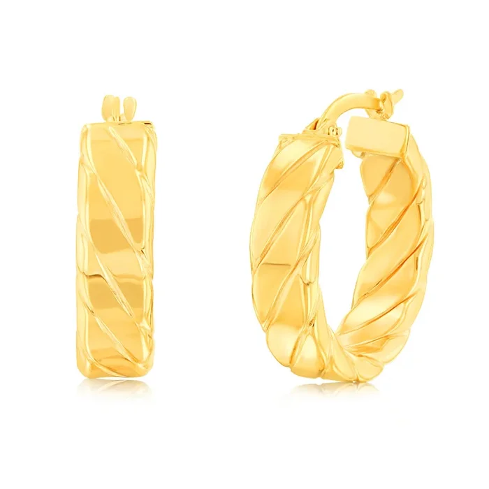 9ct Yellow Gold Stripe Pattern Hoop Earrings