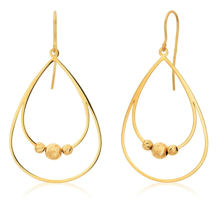9ct Yellow Gold Trio of Beads Dangling Drop 22mm Earrings “Eleanor”