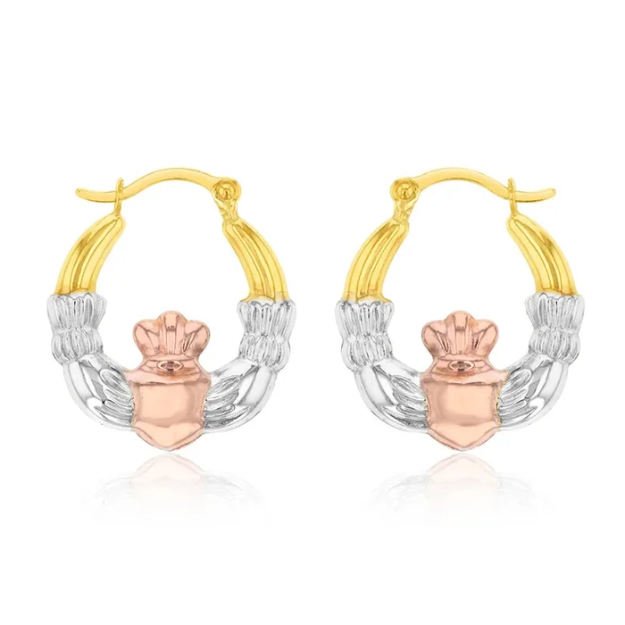 9ct Yellow Red and White Gold Three Tone Claddagh Hoop Earring