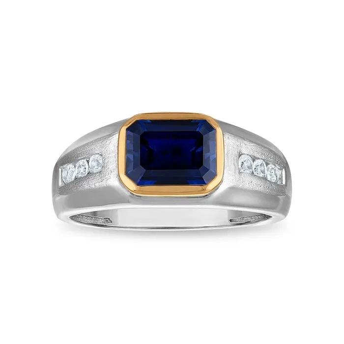 9X7MM Emerald Shape Blue and White Sapphire Ring in Sterling Silver and 10K Yellow Gold