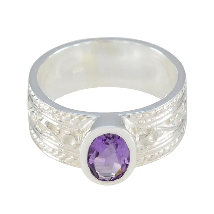 Amethyst Solitaire Moroccan Sterling Silver Purple Gems Mid-weight Art Deco Ring Jewellery