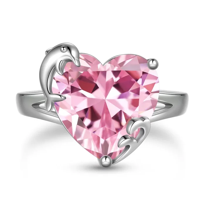 Anello da donna a forma di cuore in argento sterling 925 con delfino, pietra portafortuna di ottobre, tormalina rosa, solitario, gioielli per la mamma, regali di compleanno per San Valentino