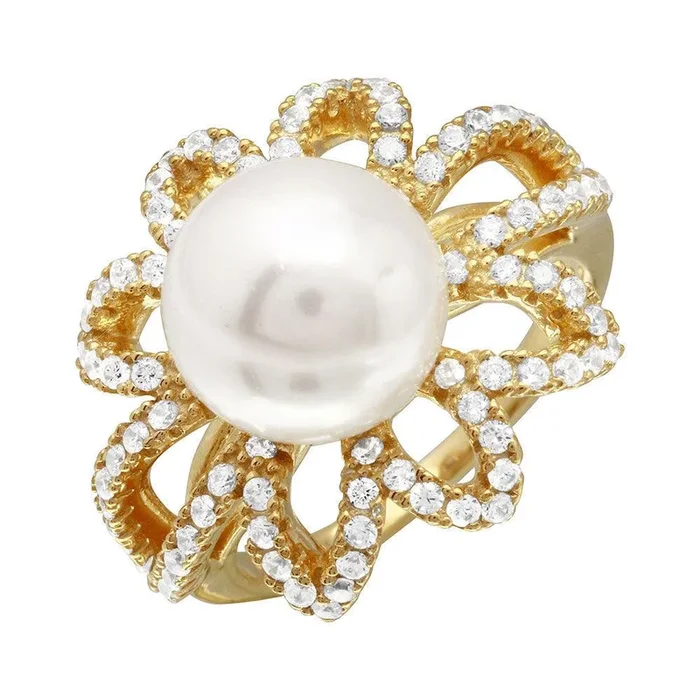 Anillo abierto de flor de circonita cúbica en plata de ley 925 bañado en oro con perla sintética central – BGR01096