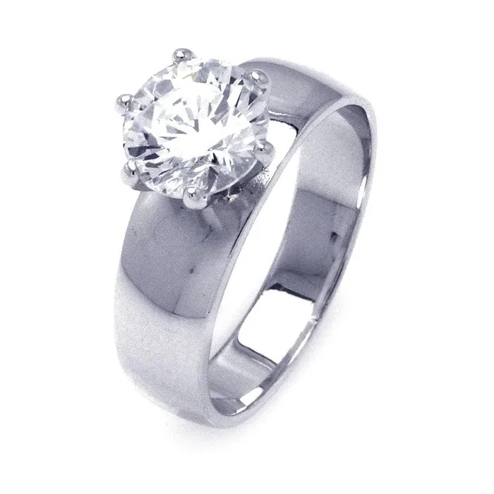 Anillo ancho con circonita cúbica y solitario chapado en rodio en plata 925 – STR00777