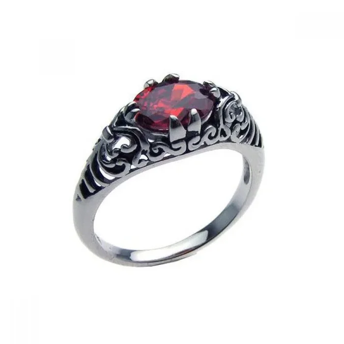 Anillo antiguo de plata 925 con circonita roja chapada en rodio oxidado – STR00611