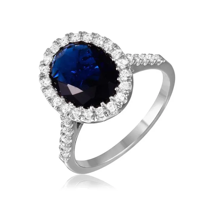 Anillo con halo ovalado azul chapado en rodio de plata 925 con piedras CZ – GMR00099S