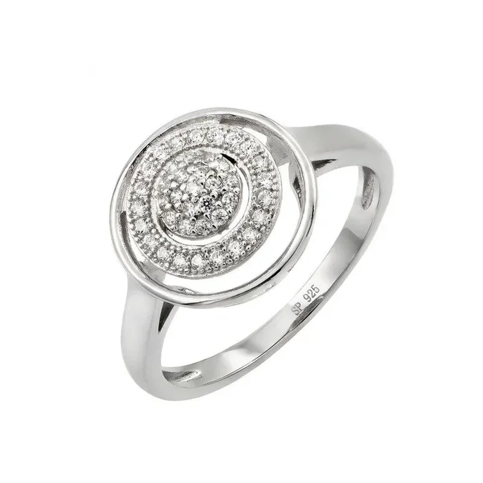 Anillo con incrustaciones de circonita transparente con tres círculos graduados chapados en rodio de plata 925 – STR00946