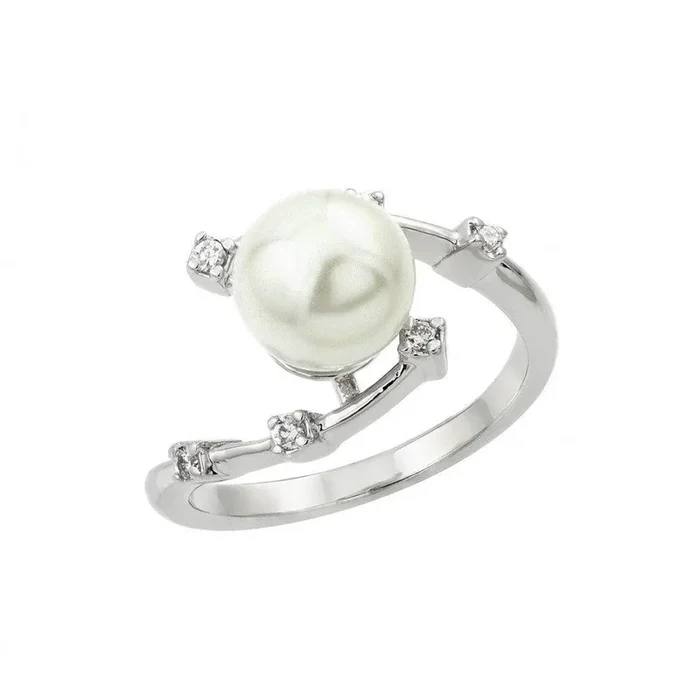 Anillo curvo de perlas sintéticas con circonita transparente chapada en rodio de plata 925 – BGR00906