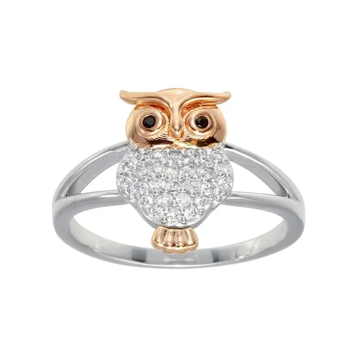 Anillo de búho de circonitas cúbicas en plata de ley 925 bicolor – GMR00299RHR