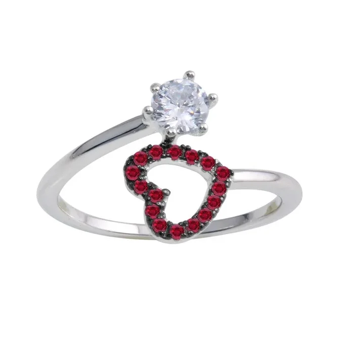 Anillo de corazón abierto en plata de ley 925 rodiada con circonitas rojas y transparentes – BGR01221RED
