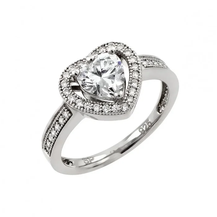 Anillo de corazón con circonita cúbica transparente chapado en rodio de plata 925 – GMR00009