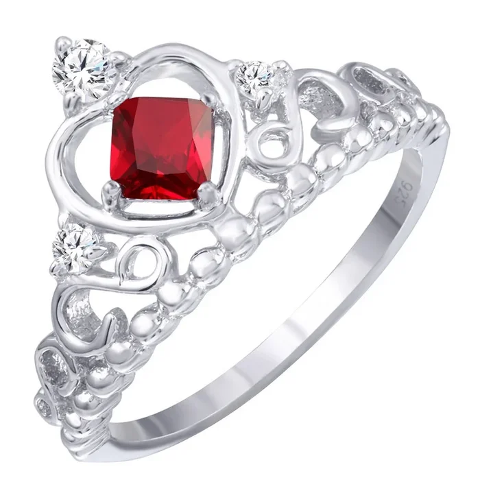 Anillo de corona de plata de ley 925 rodiada con circonitas rojas y transparentes – BGR01168RED