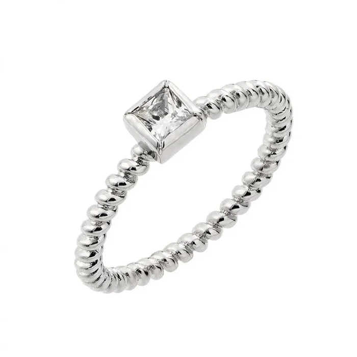 Anillo de cuentas de circonita central cuadrada transparente bañado en rodio de plata 925 – BGR00857