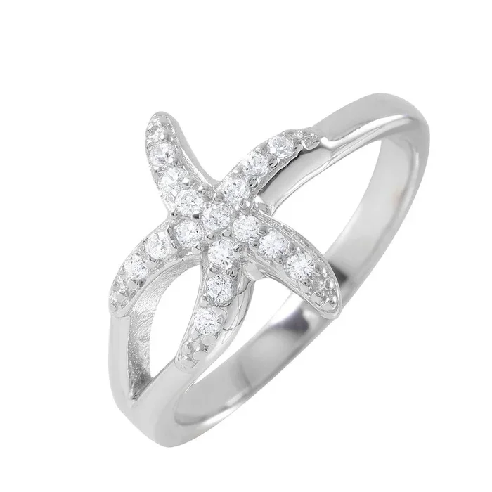 Anillo de estrella de mar flaco pequeño con circonita cúbica transparente chapado en rodio en plata 925 – BGR00950