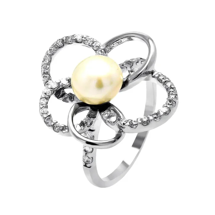 Anillo de flor de circonita transparente con centro de perlas de agua dulce chapado en rodio de plata 925 – BGR00512