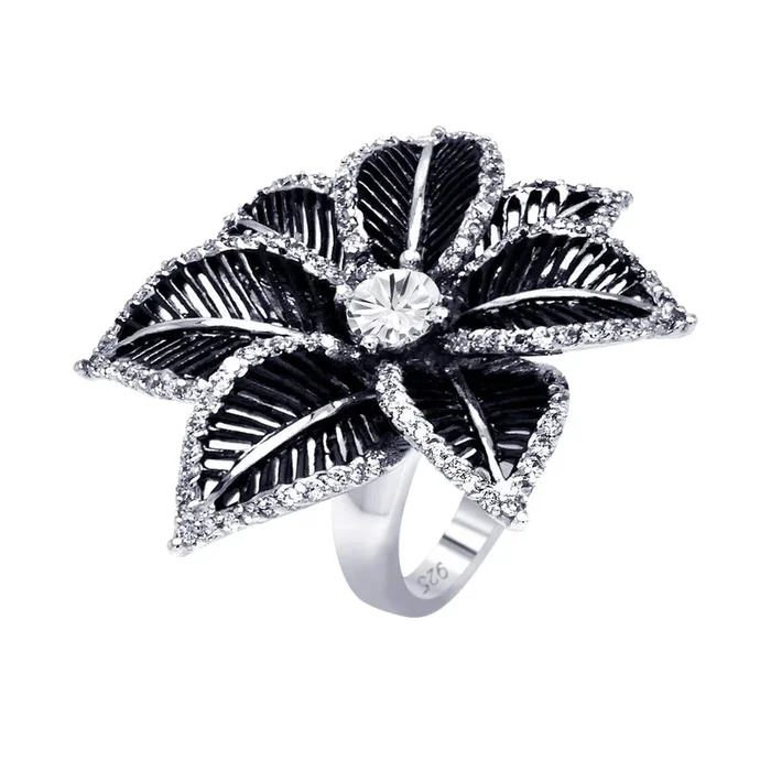 Anillo de flor de pétalo espinoso con circonita central transparente de 2 tonos chapado en rodio y rodio negro de plata 925 – BGR00312