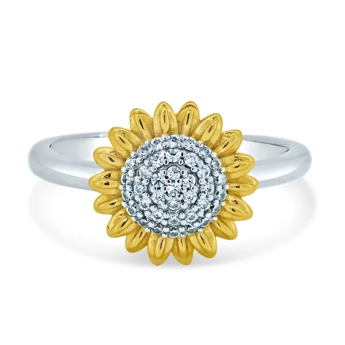 Anillo de girasol con circonita cúbica en plata de ley 925 bañada en rodio y oro – STR01173