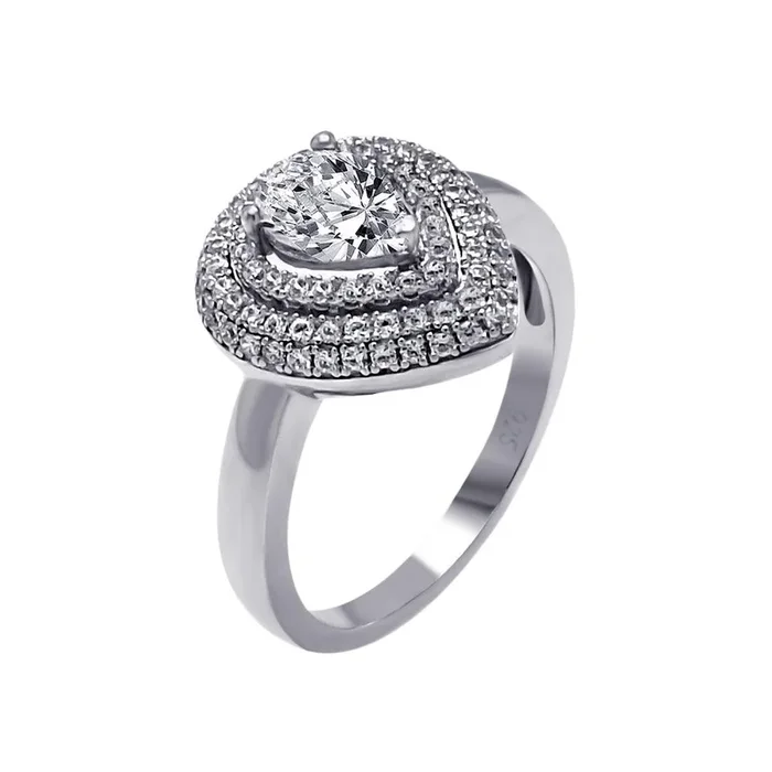 Anillo de lágrima multicapa con circonita central transparente y micro pavé chapado en rodio de plata 925 – ACR00056