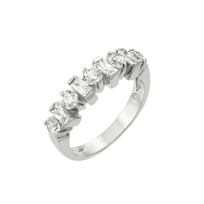 Anillo de media fila con circonita cúbica redonda y baguette transparente bañada en rodio de plata 925 – BGR00900