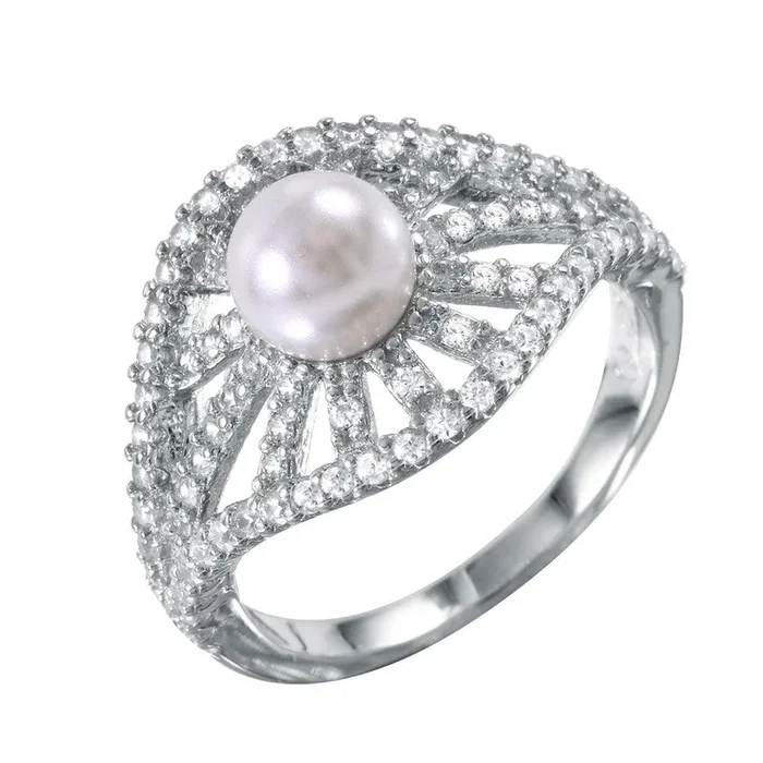 Anillo de perlas sintéticas con ráfagas radiales de plata 925 con detalles en circonita – BGR00989