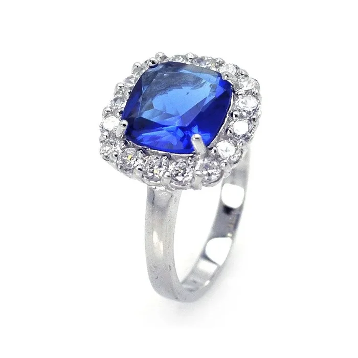 Anillo de plata 925 chapado en rodio con centro azul y circonita cúbica transparente – STR00381BLU