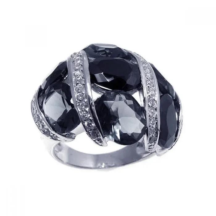 Anillo de plata 925 rodiada con circonitas negras, grises y transparentes – STR00494