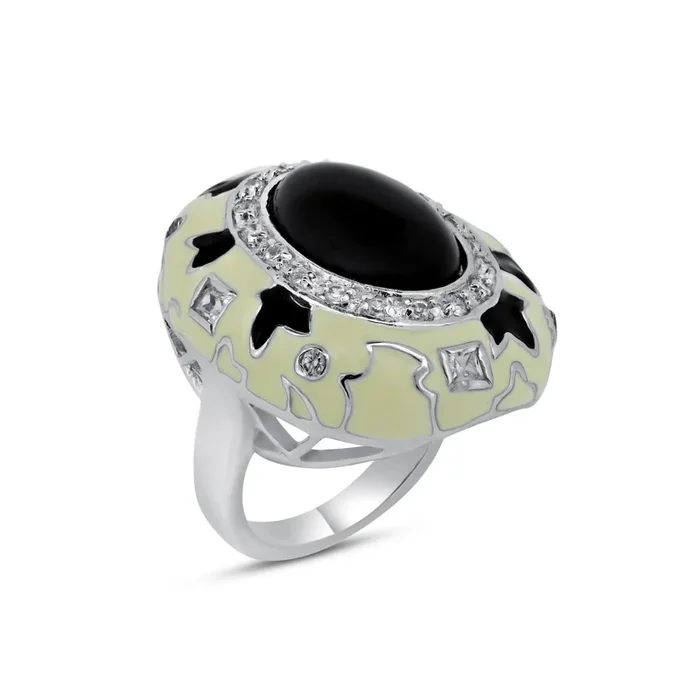 Anillo de plata 925 rodiada con esmalte blanco y negro y piedra negra central con circonita cúbica transparente – BGR00131