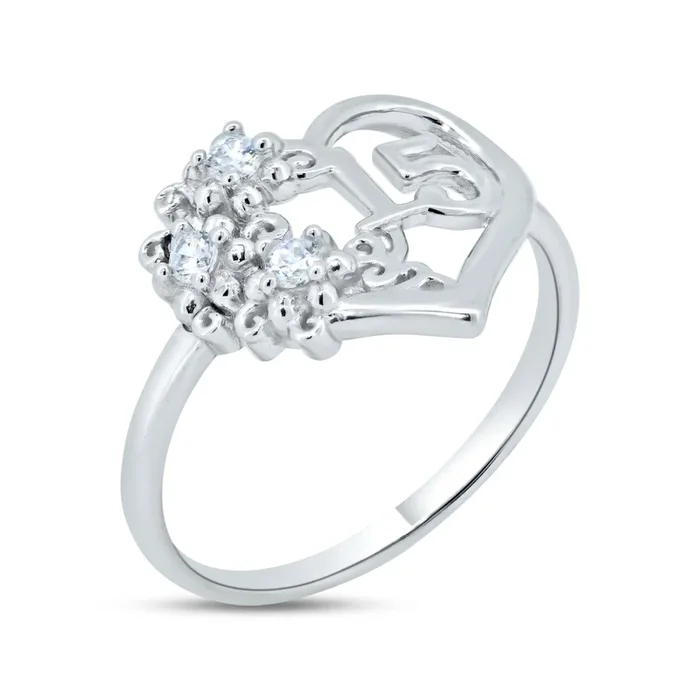 Anillo de plata con circonita cúbica y corazón de quinceañera chapado en rodio – GMR00360