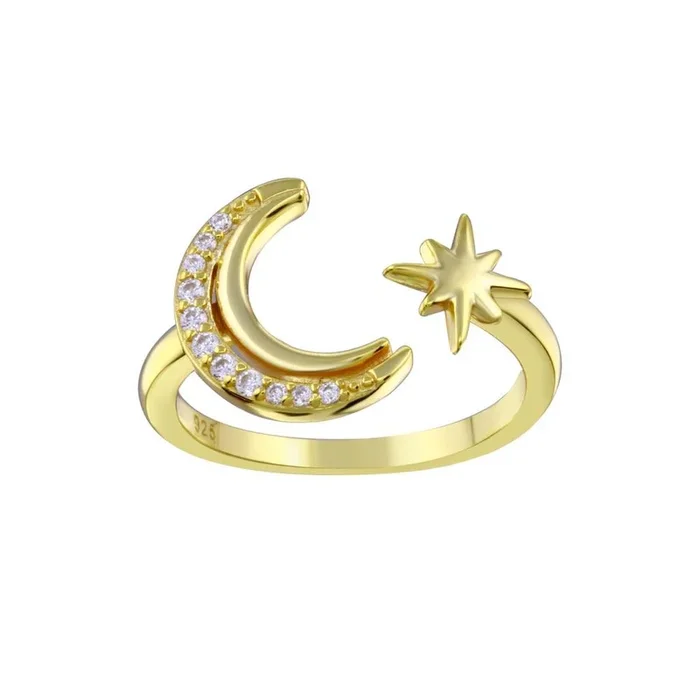 Anillo de plata de ley 925 bañado en oro con media luna y estrella con circonitas – STR01137GP