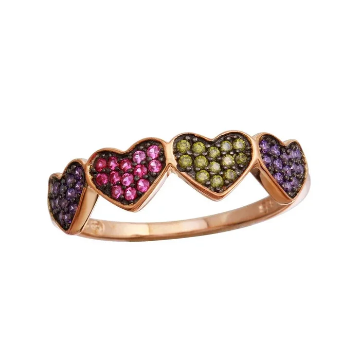 Anillo de plata de ley 925 bañado en oro rosa con cuatro corazones y circonitas multicolor – BGR01236